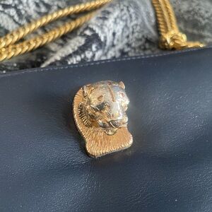 Navy Blue Leather Shoulder Bag with Gold Lion Detail